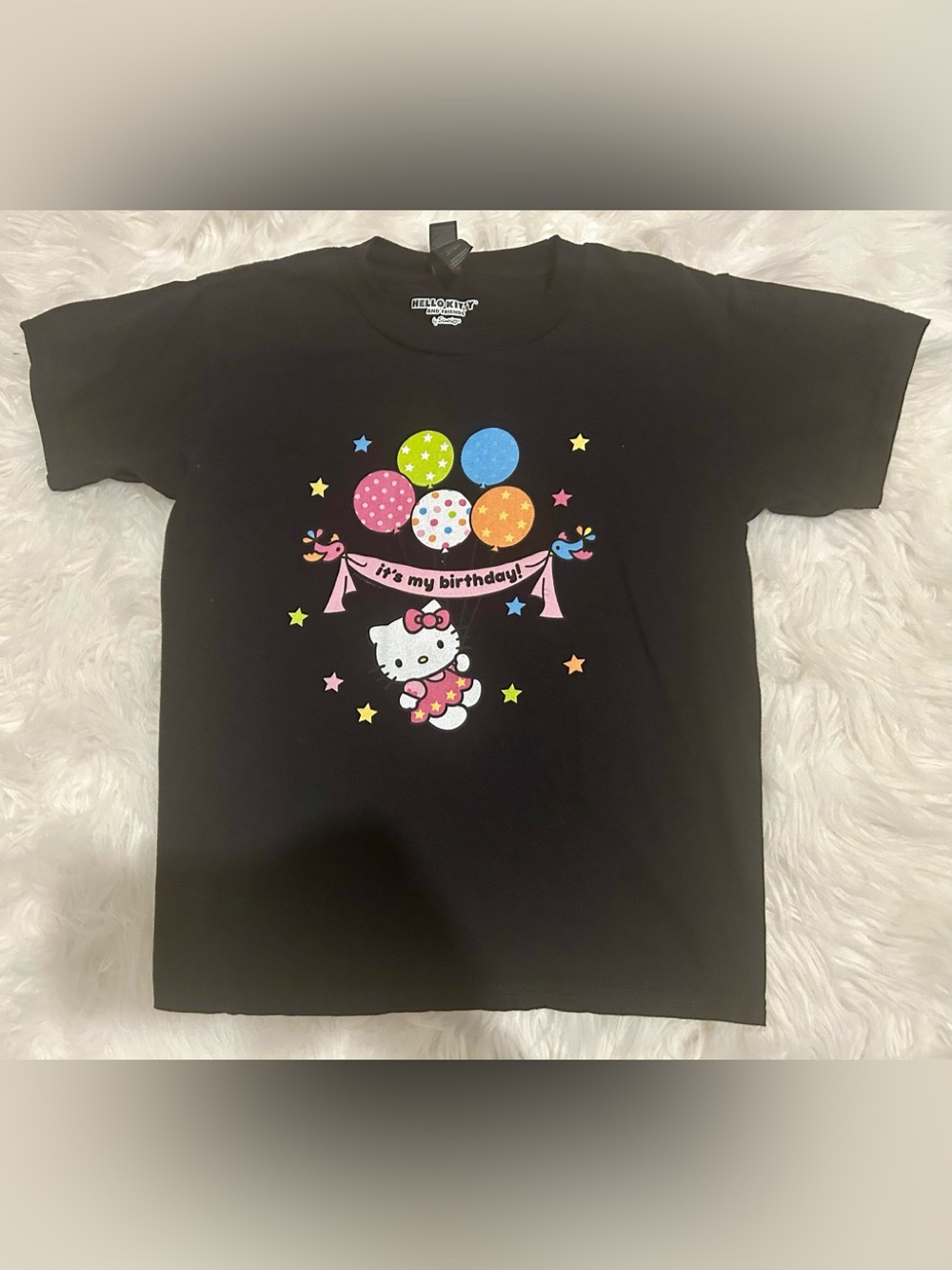 Hello Kitty Black Birthday Balloon Graphic Tee for girls.